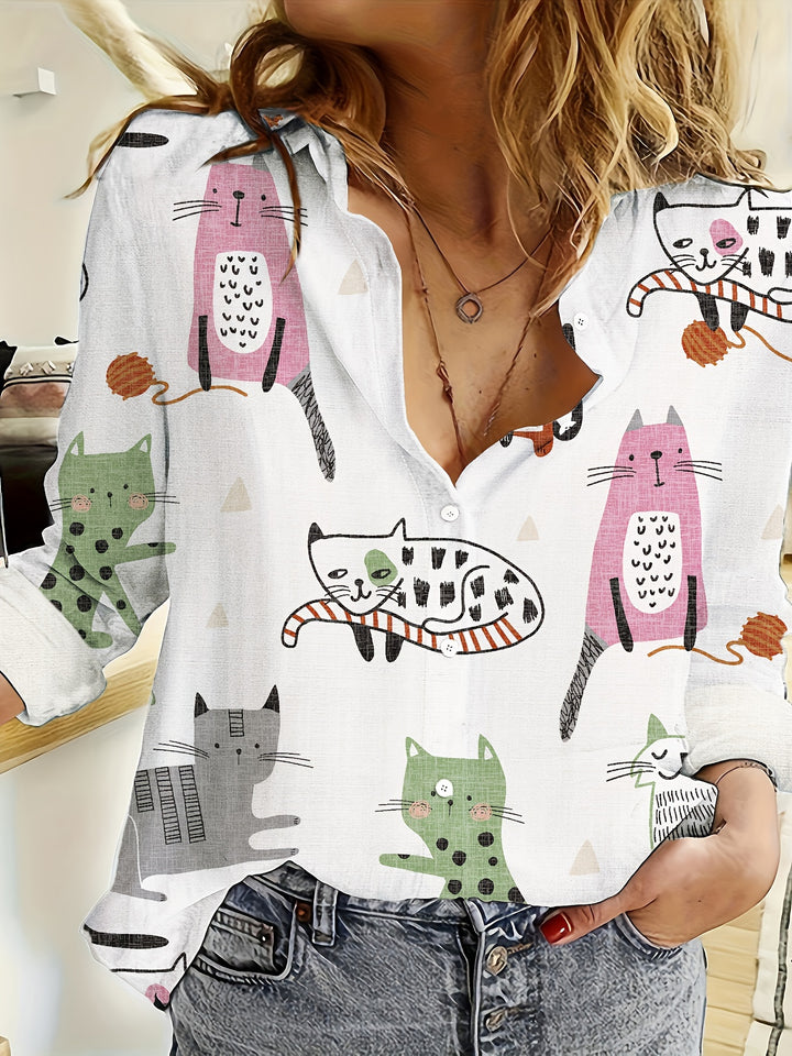 Cartoon Print Button Front Shirt, Casual Long Sleeve Cardigan Voor Lente & Herfst, Vrouwenkleding